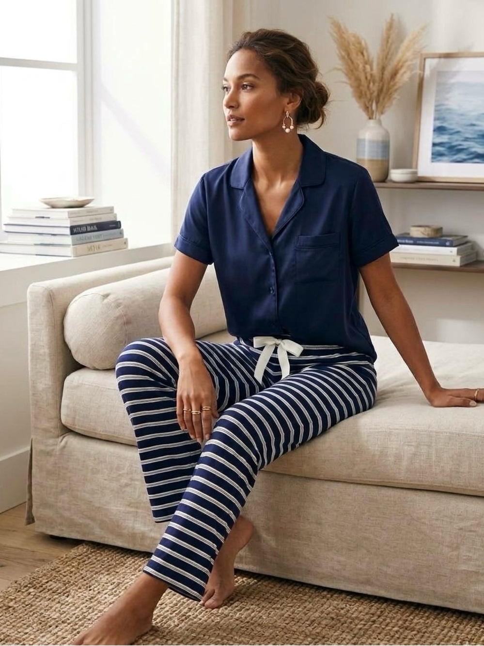 Lands' End Navy & White Striped Knit Pajama Lounge Pants - Size S (6-8)